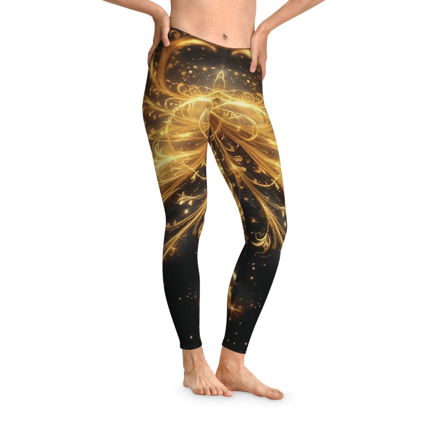 Golden patterned leggings with ornate baroque swirl design from PixiOnyx Luxe AOP collection