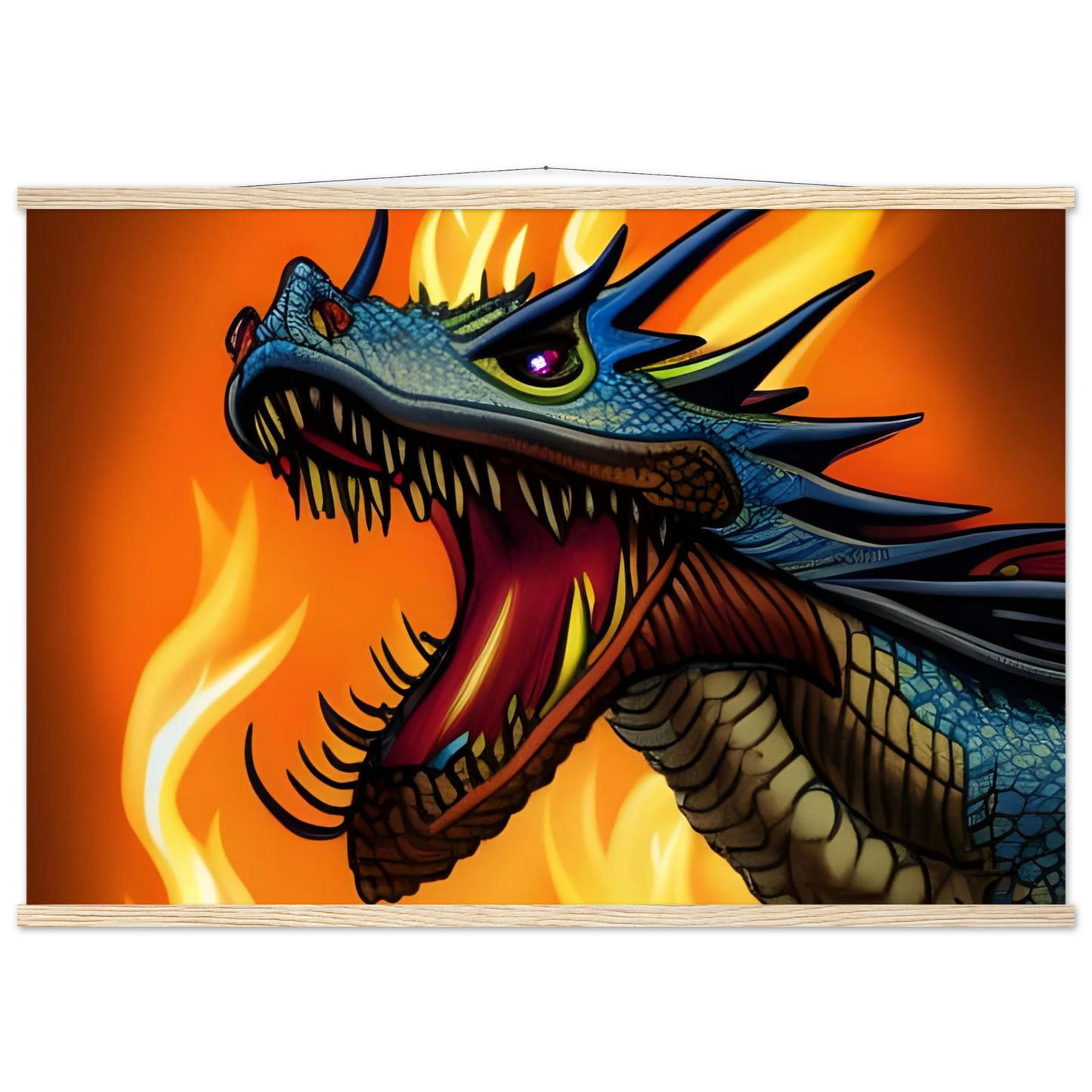 Roaring dragon poster displayed in Dragon’s Fury product with hanger by PixiOnyx