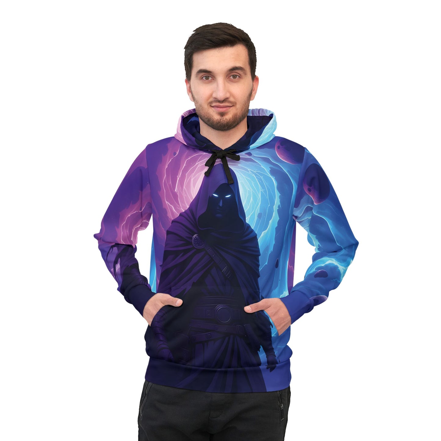 Man wearing Voidwalker Athletic Hoodie with dark cosmic figure for festivals and streetwear