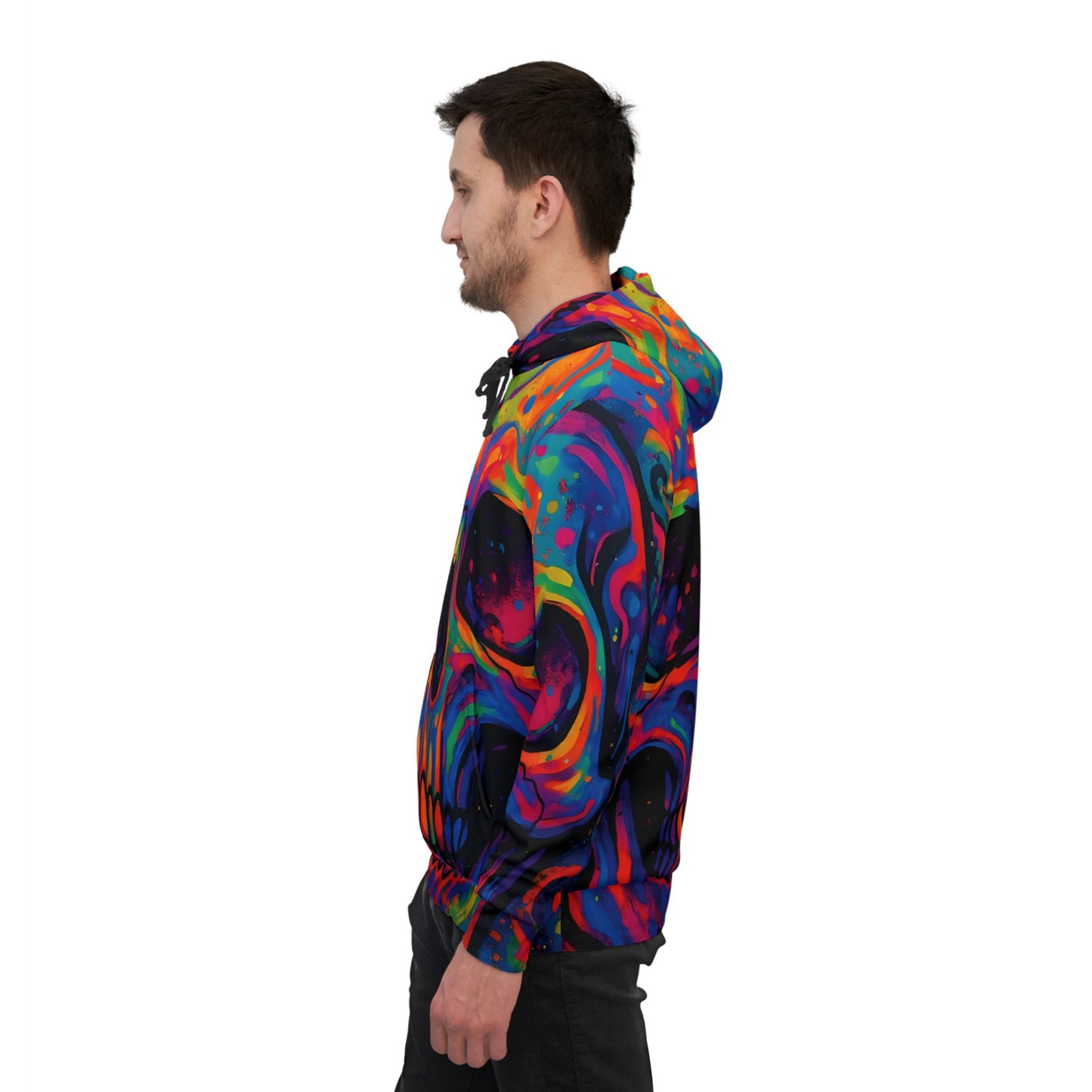 Man wearing colorful Psychedelic Skull Athletic Hoodie for streetwear and festivals