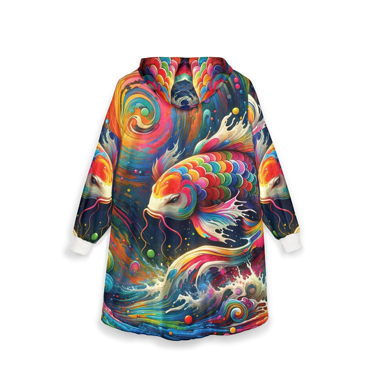 Unisex Hooded Blanket – Rainbow Koi | PixiOnyx Wearable Psychedelic Waveform