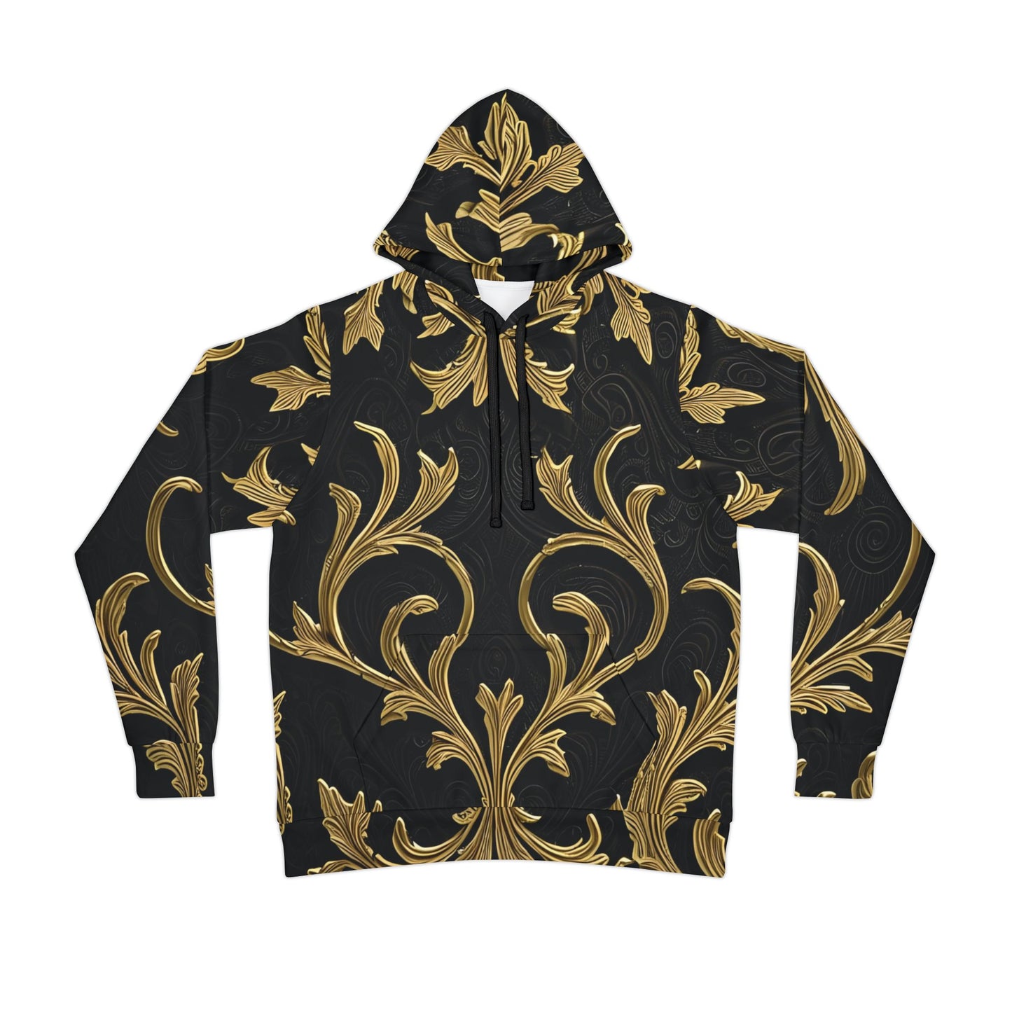 Black and gold patterned Gilded Veil Hoodie with elegant Baroque design on Black fabric