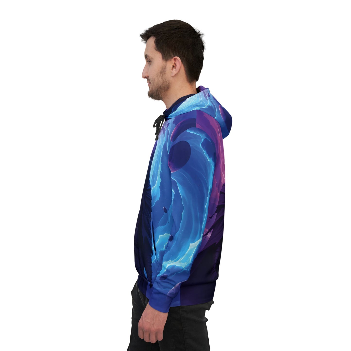 Man wearing a blue and purple patterned Voidwalker Athletic Hoodie for festivals and streetwear