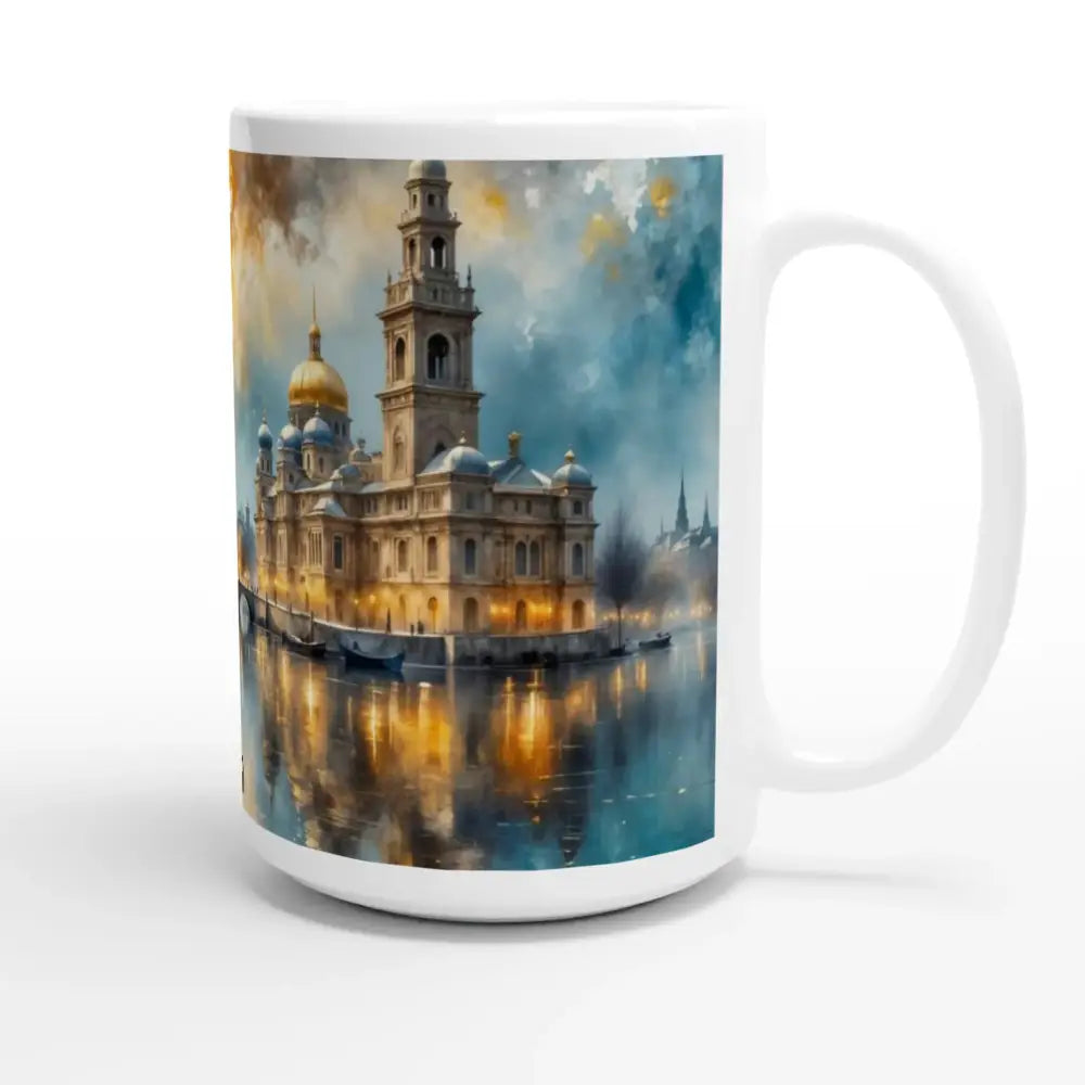White ceramic mug with colorful cityscape painting, 15oz ceramic stunner from PixiOnyx