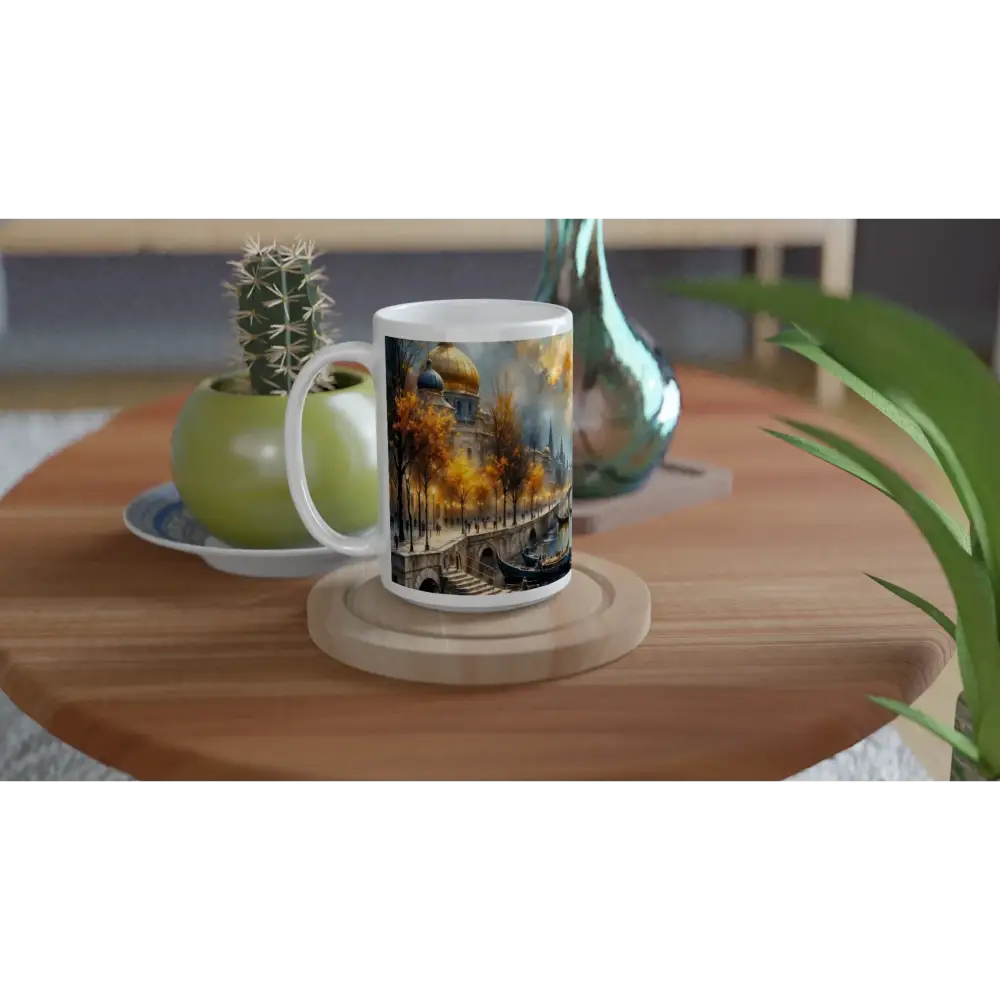 White ceramic mug with colorful autumnal cityscape design, 15oz ceramic stunner