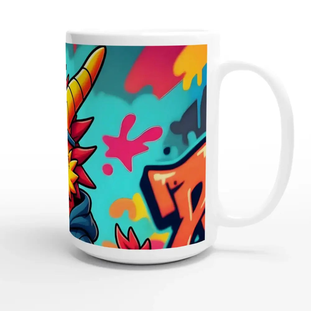 White ceramic mug with colorful graffiti design featuring a dragon for urban coffee vibes