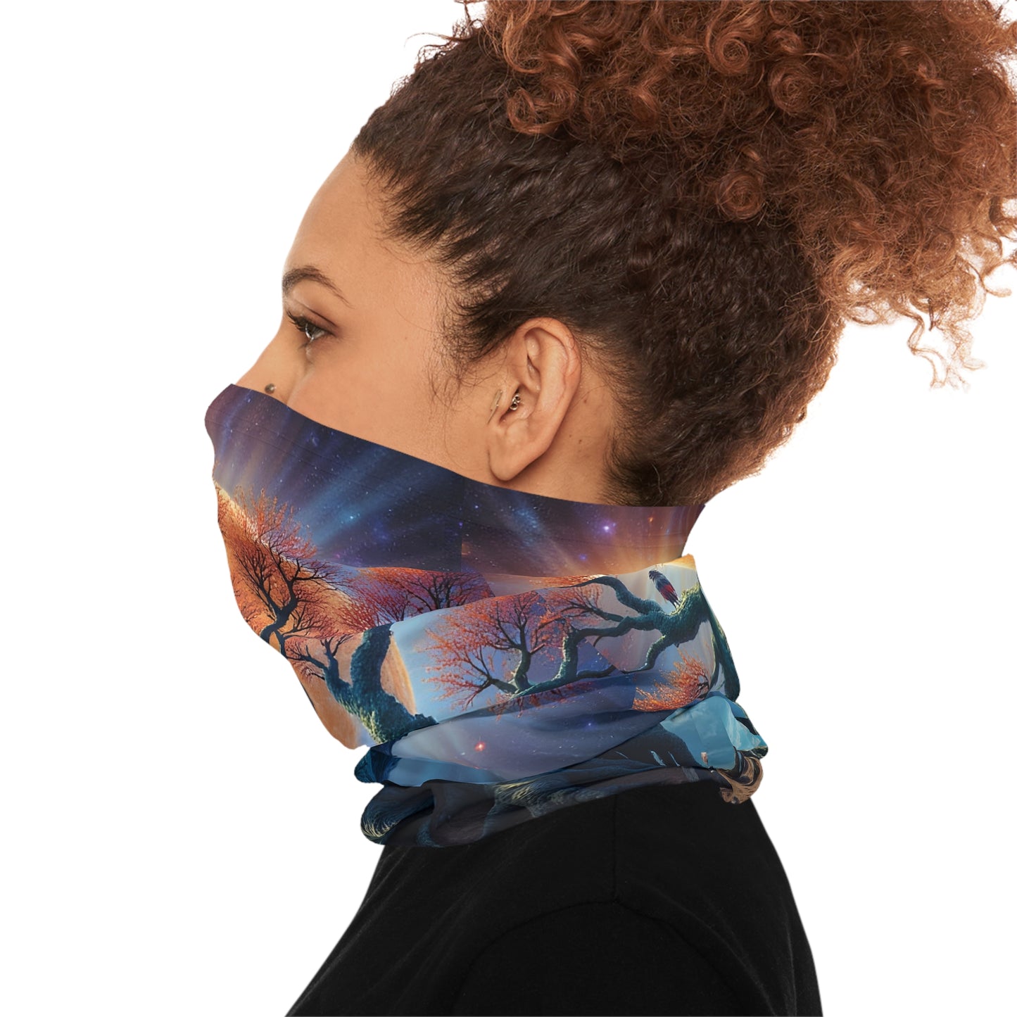 Neck gaiter with celestial landscape design from PixiOnyx Tree of Light collection