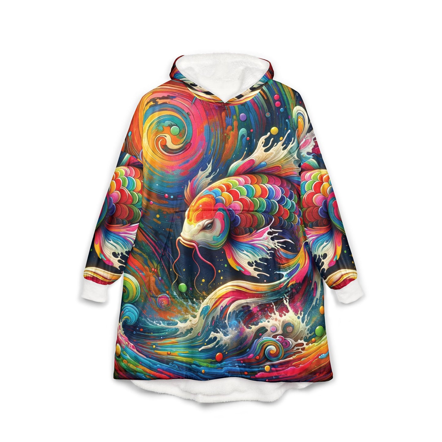 Unisex Hooded Blanket – Rainbow Koi | PixiOnyx Wearable Psychedelic Waveform