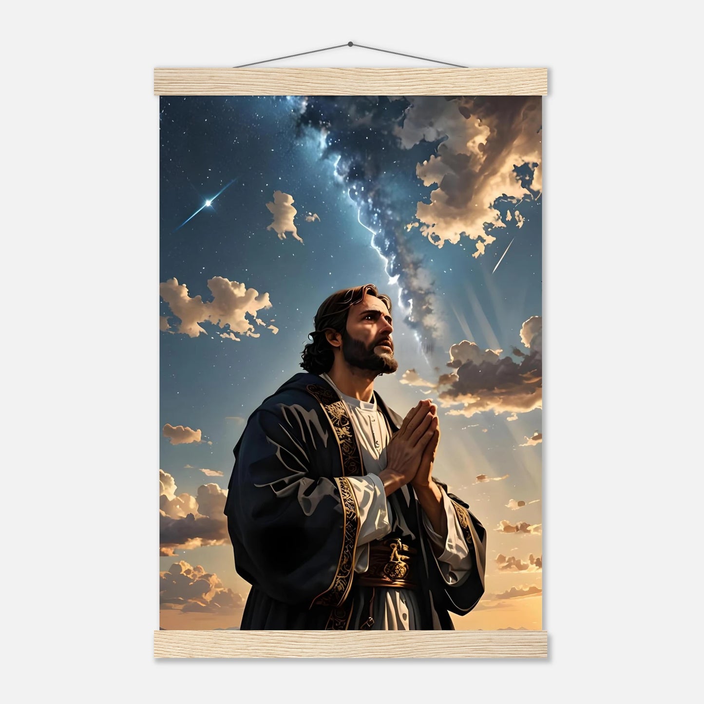 Wall hanging poster of praying man titled Prayer to the Cosmos by PixiOnyx
