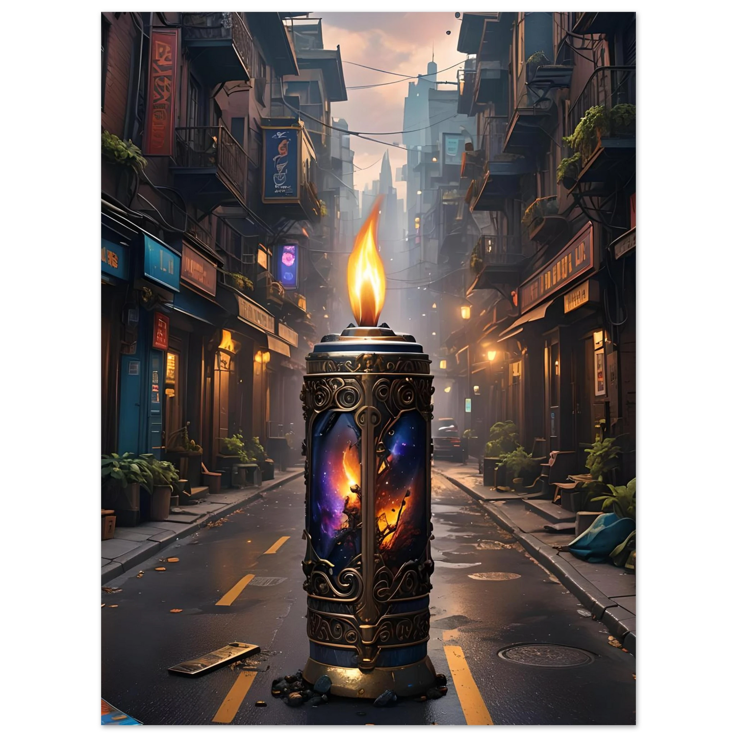 Ornate candle featuring cosmic imagery from Galactic Flame Fine Art Poster PixiOnyx Exclusive