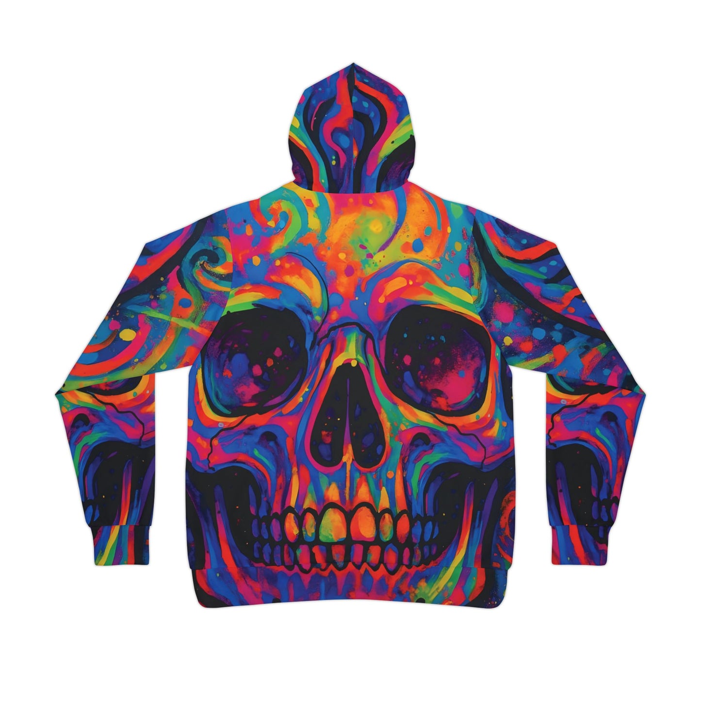 Colorful skull hoodie with bold psychedelic design for streetwear festivals and casual wear