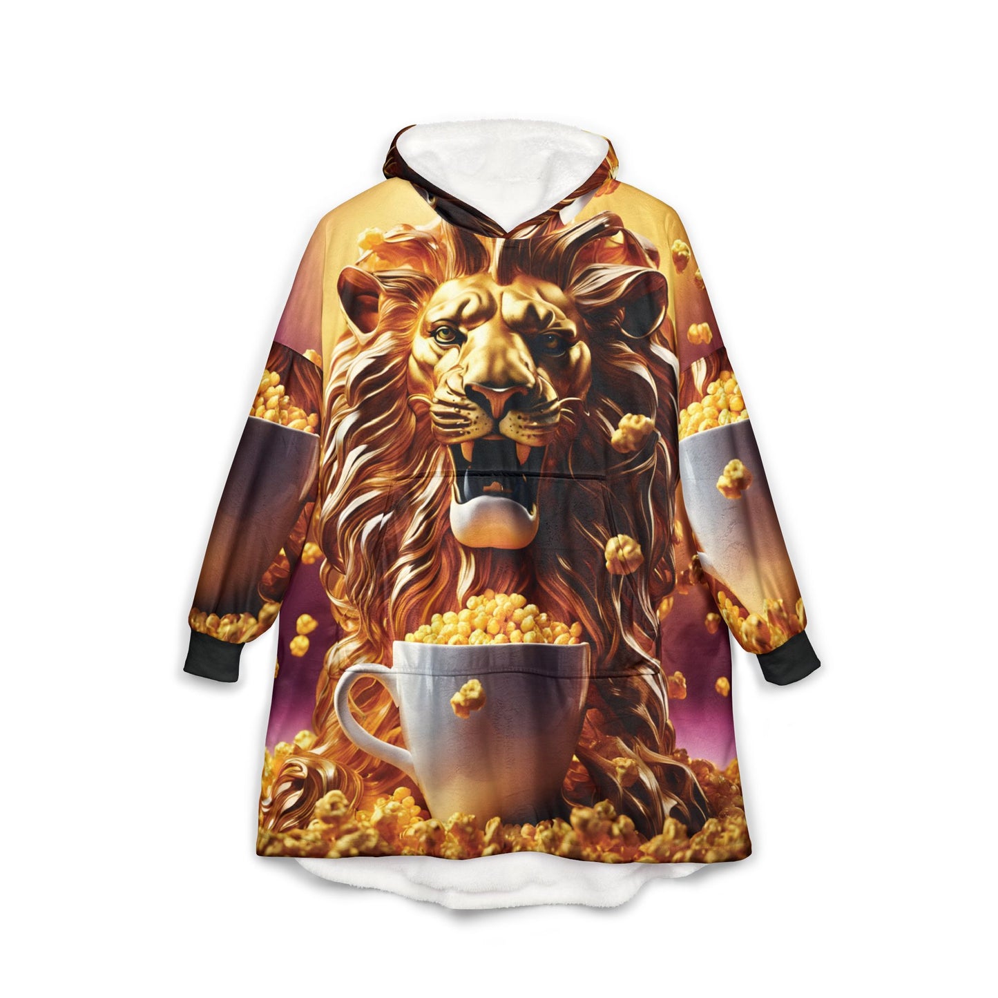 Hooded Blanket – Popcorn Lion | Regal Cozywear for Wild Souls by PixiOnyx - One size / Black - All Over Prints