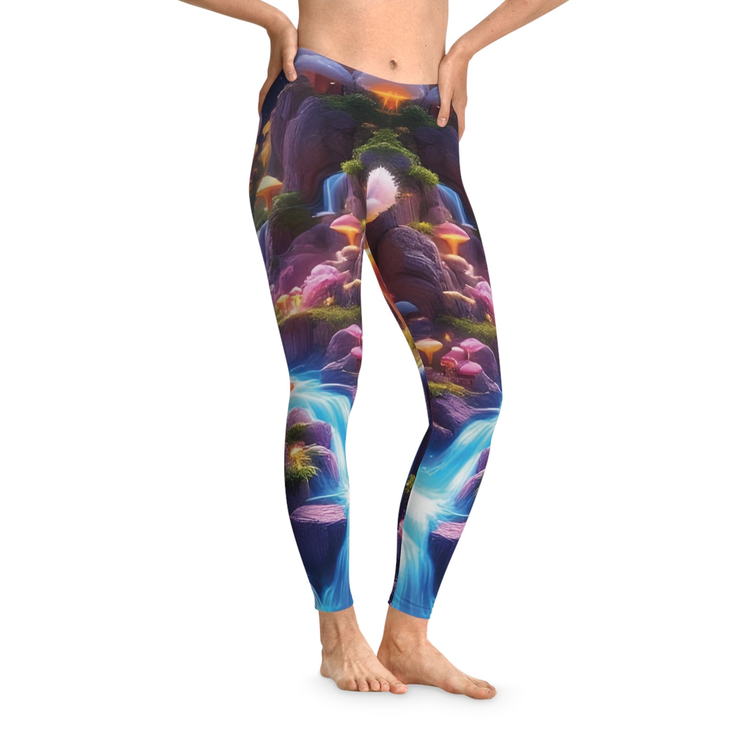 Fantasy landscape leggings featuring cosmic heartburst design for artistic festival wear