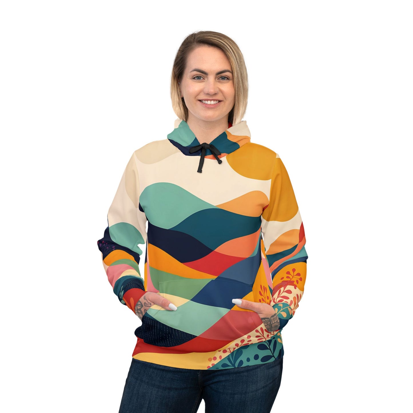Colorful patterned Sunset Grove AOP Hoodie with abstract nature design for unisex wear