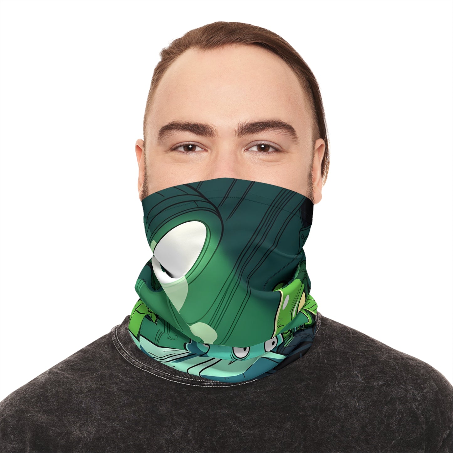 Green cartoon face covering for Alien Abduction themed Neck Gaiter from PixiOnyx Extraterrestrial Edition