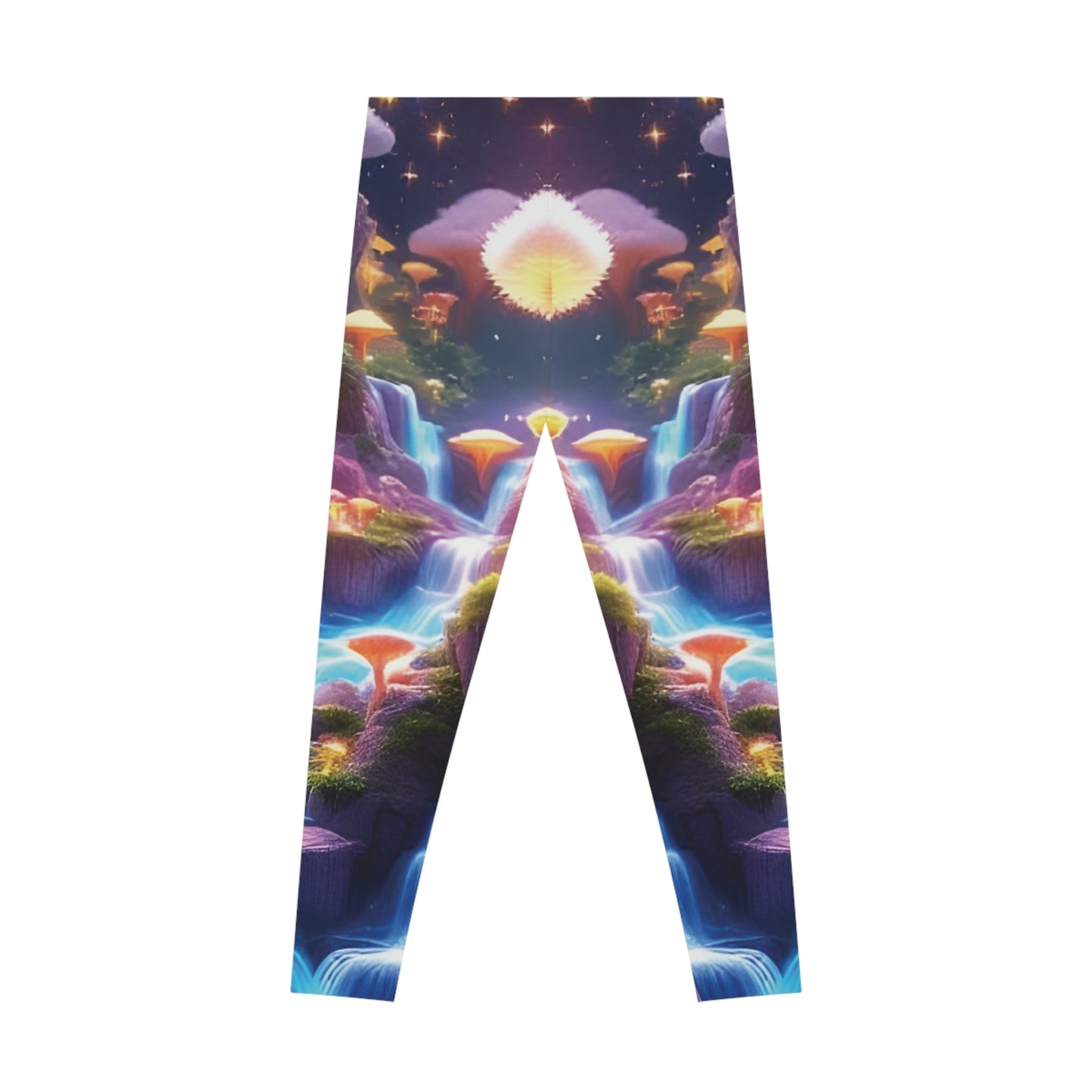 Fantasy landscape leggings featuring cosmic heartburst and psychedelic artistic print for women