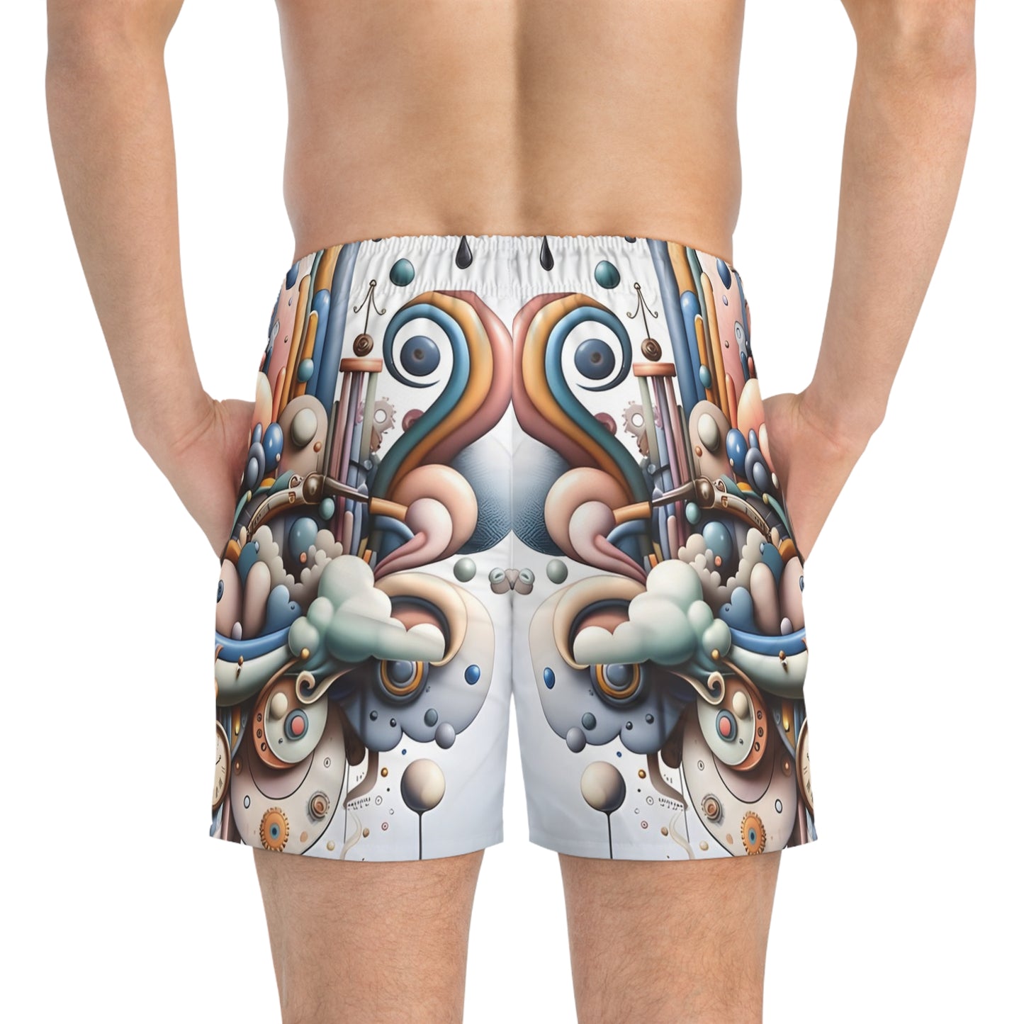 Men’s patterned swim trunks from PixiOnyx Beachwear Pastel Mechanica Summer Style