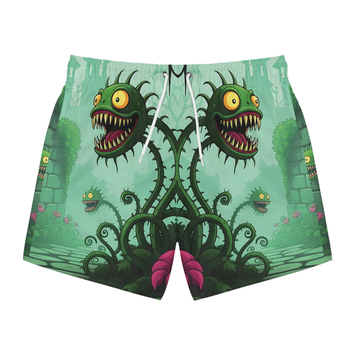 Cartoonish monster plant swim trunks from Grinvine Grove PixiOnyx Surreal Fantasy Naturewear