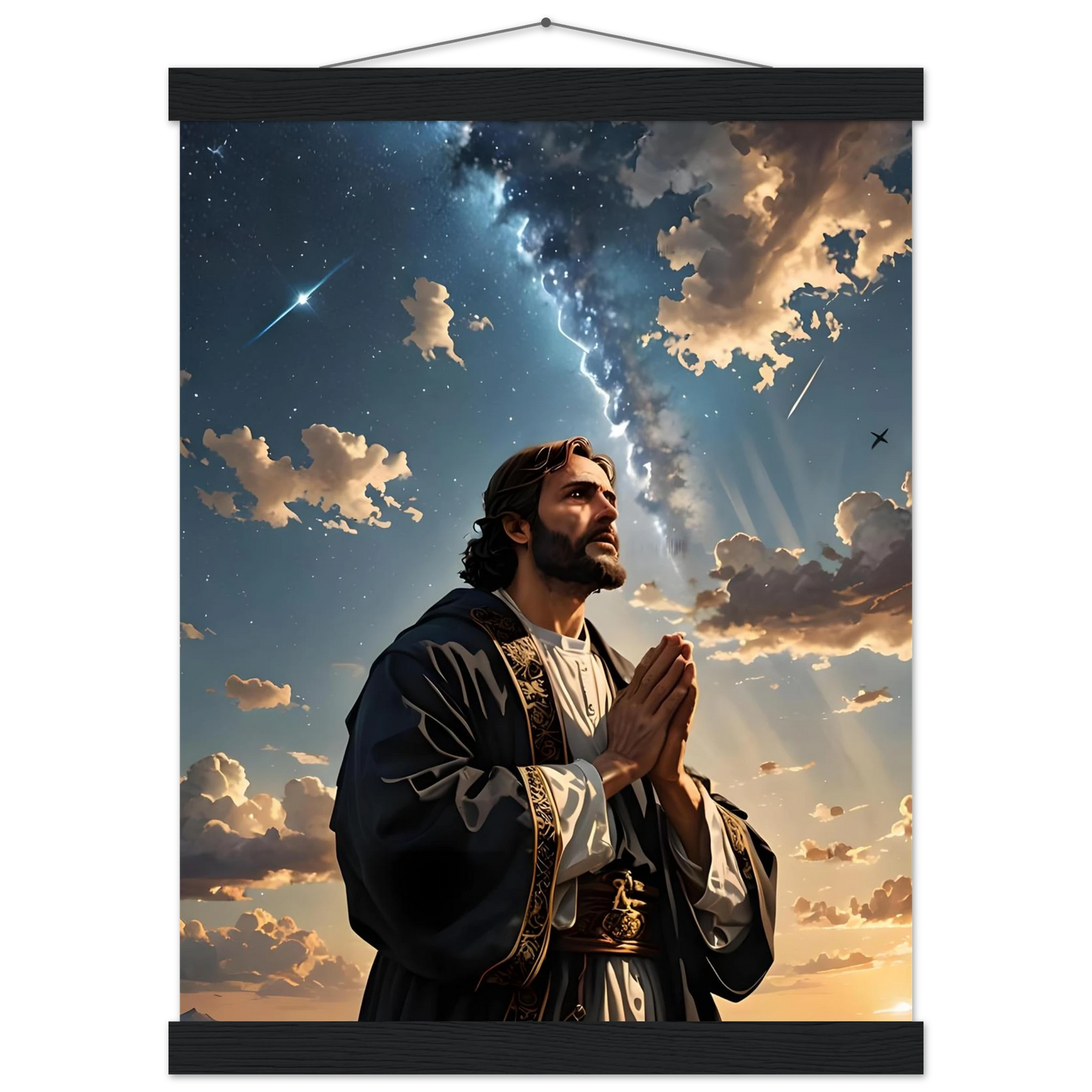 Religious wall scroll poster with hanger featuring a Prayer to the Cosmos design