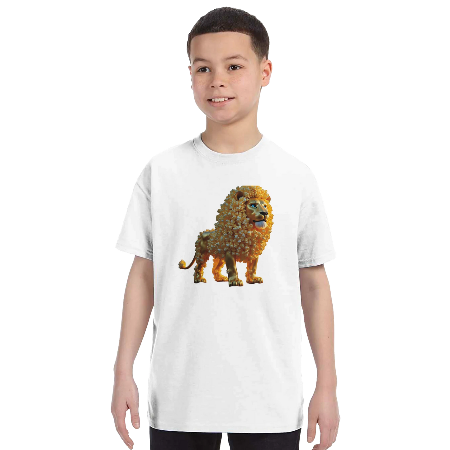 Boy’s white t-shirt with lion graphic from Classic Kids Crewneck T-shirt The Golden Kernel King PixiOnyx Whimsical Wilderness