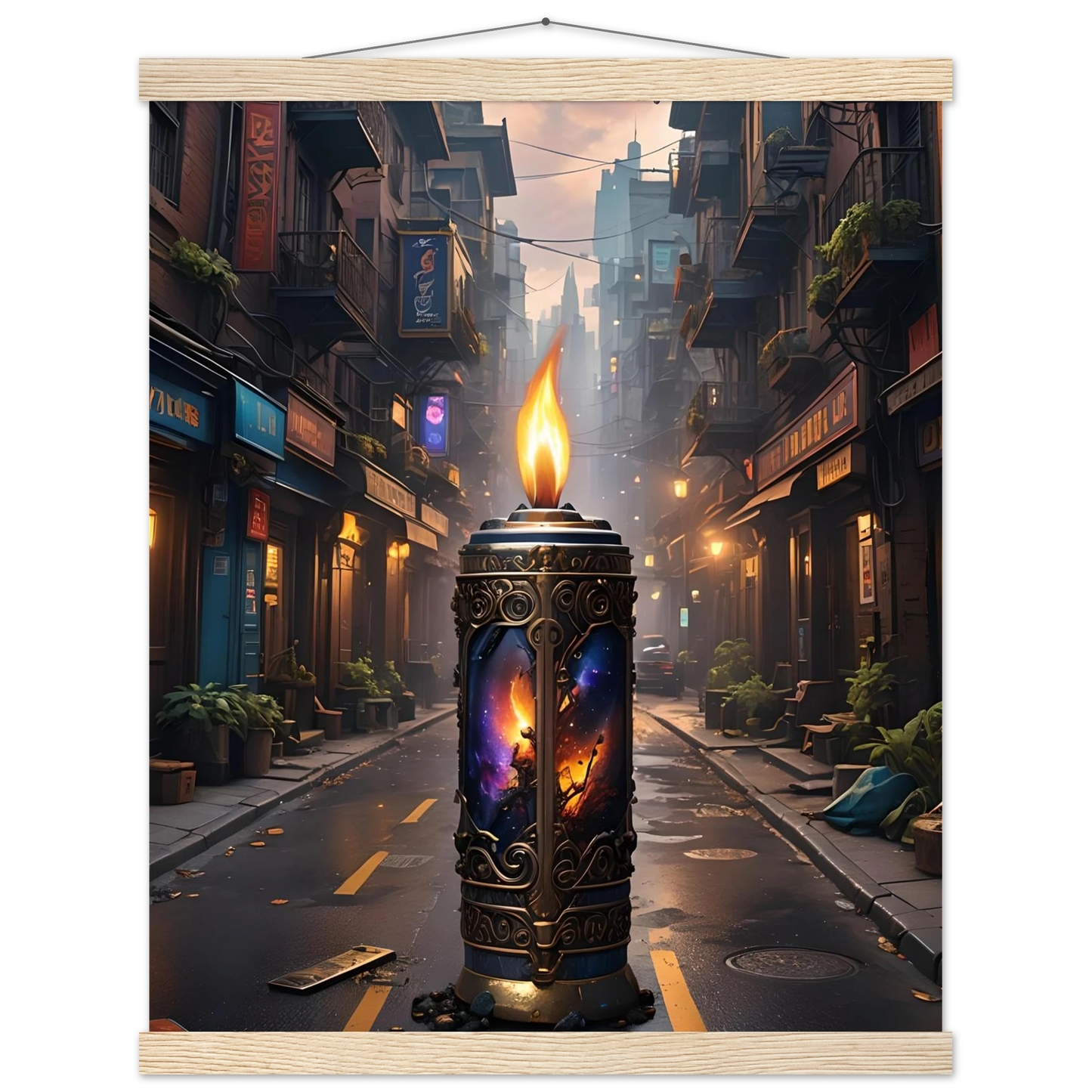 Ornate candle featuring cosmic imagery for Galactic Flame Hanging Matte Poster PixiOnyx