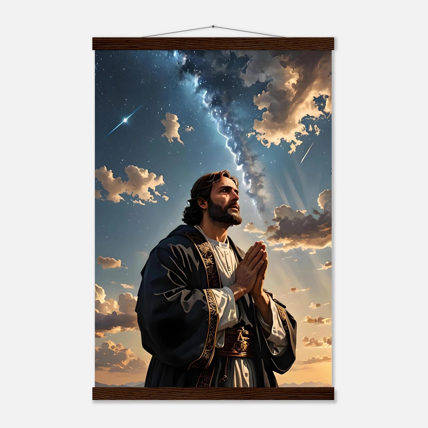 Framed religious wall art poster Prayer to the Cosmos by PixiOnyx with hanger