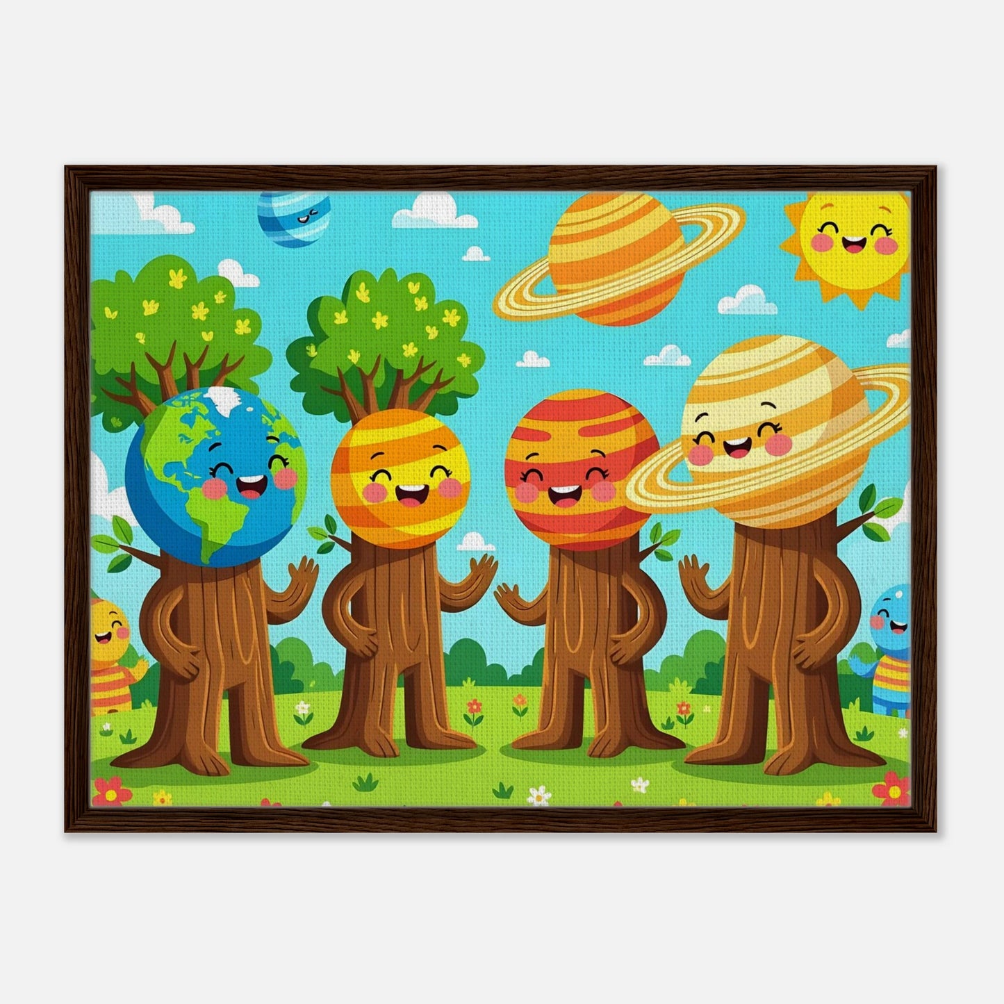 Framed cartoon planet trees artwork from PixiOnyx Stellar Kids Art canvas print