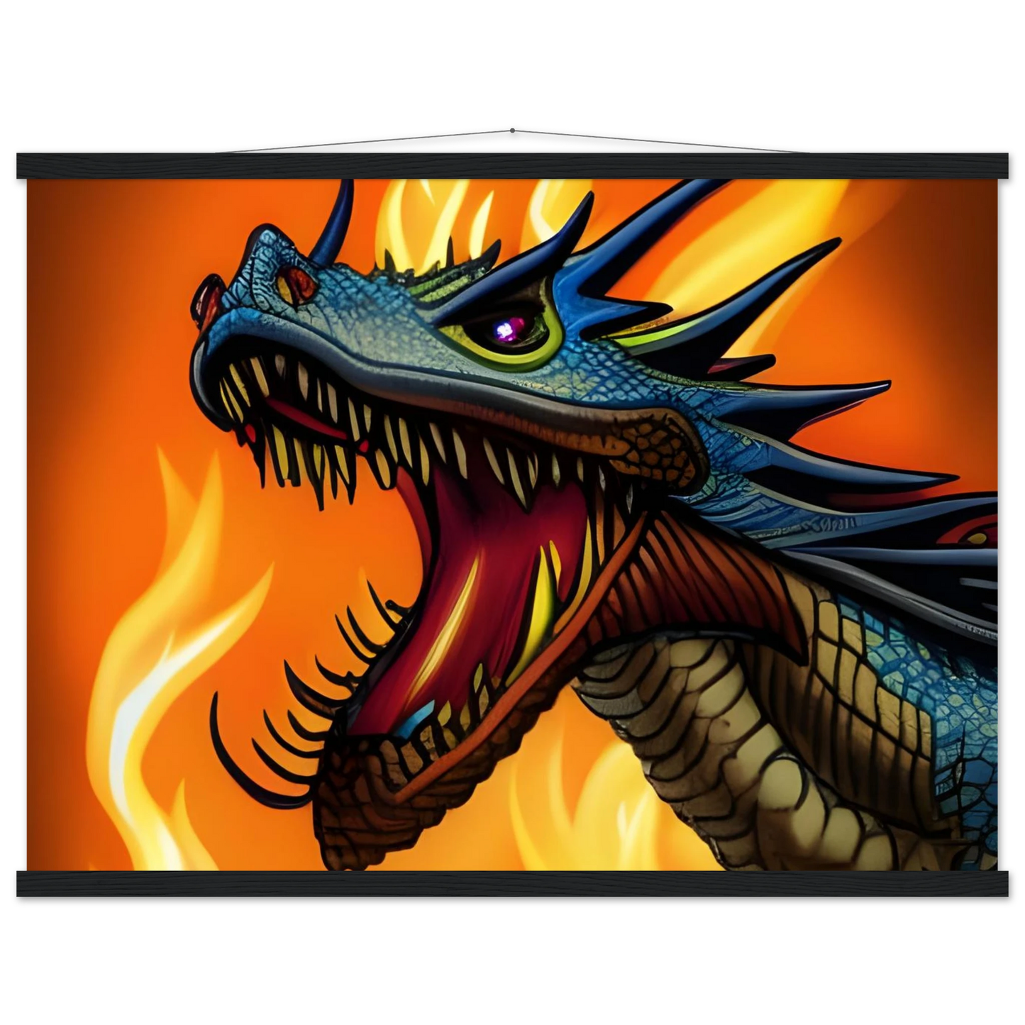 Roaring blue dragon poster displayed on Dragon’s Fury – Poster with Hanger by PixiOnyx