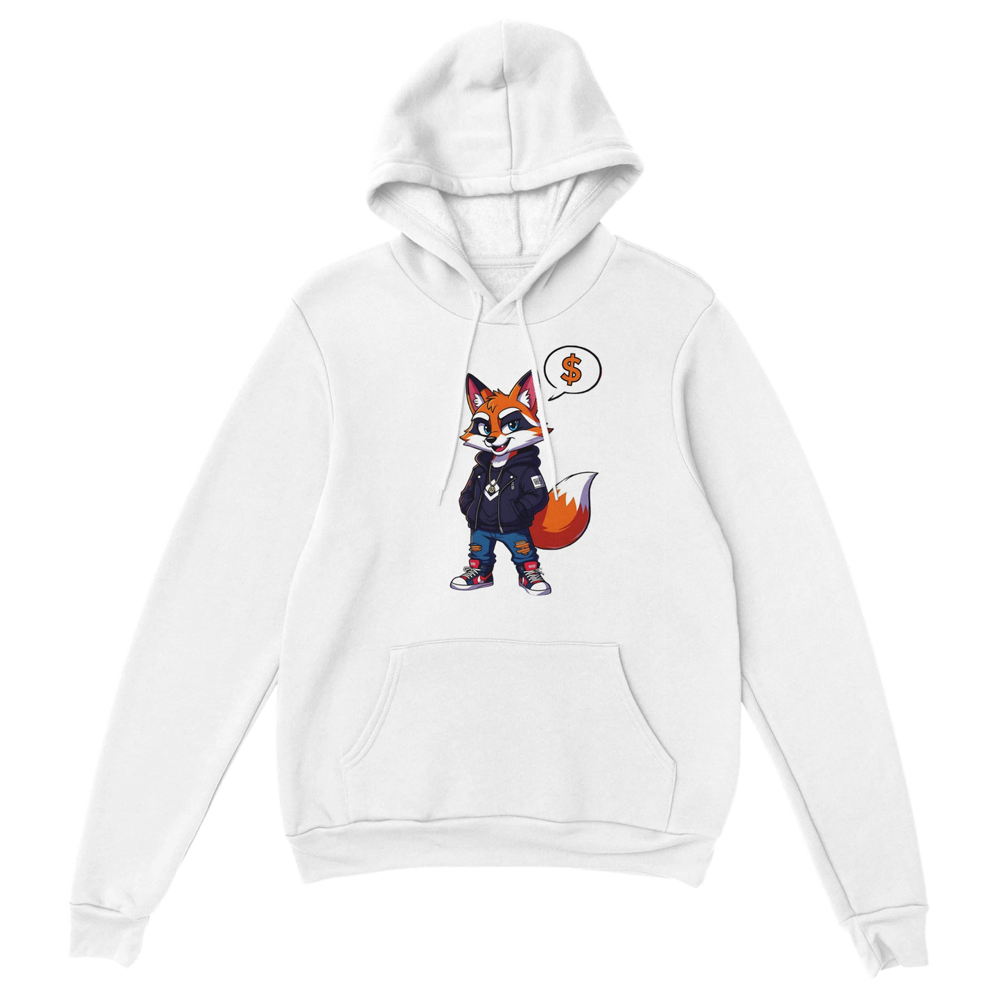 White hoodie featuring a cartoon fox design from PixiOnyx Street Hustle collection