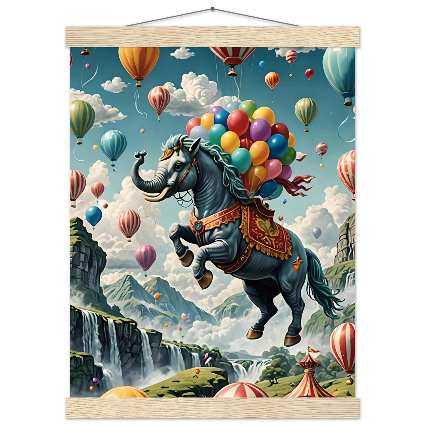Whimsical elephant-horse hybrid with balloons on Skybound Majesty poster by PixiOnyx