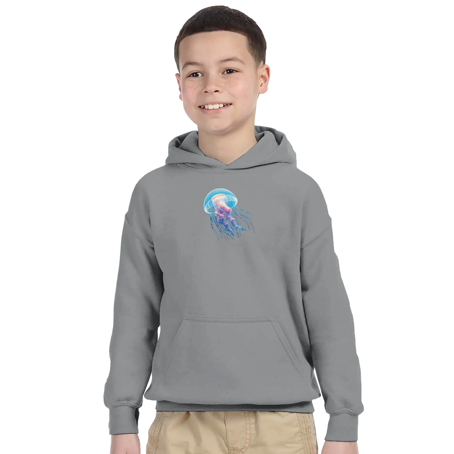 Gray hoodie featuring jellyfish design from Classic Kids Pullover Hoodie Glowing Wanderer Cosmic Drift