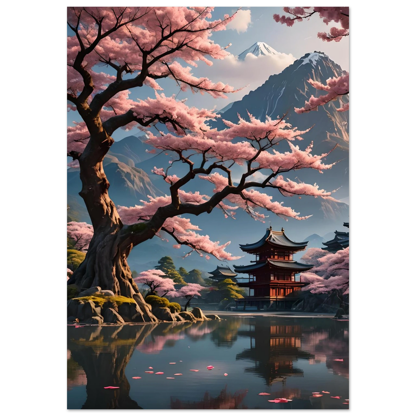 Japanese pagoda among cherry blossoms on Temple Blossom Serenity Fine Art Poster