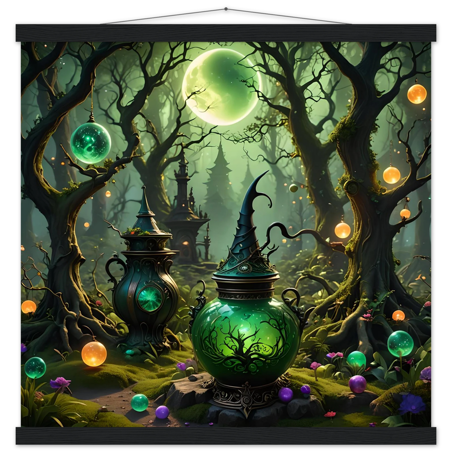 Glowing green witch’s cauldron in matte fantasy art for Witchcraft Forest Hanging Poster