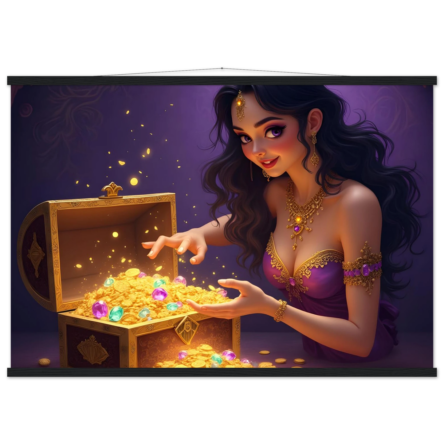 Golden treasure chest filled with sparkling jewels on Treasure Seeker Matte Poster with Hanger