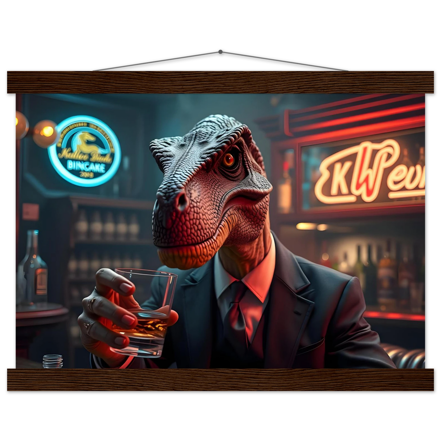 Dinosaur in a suit holding a drink on Whiskey Raptor Hanging Poster PixiOnyx Matte Print