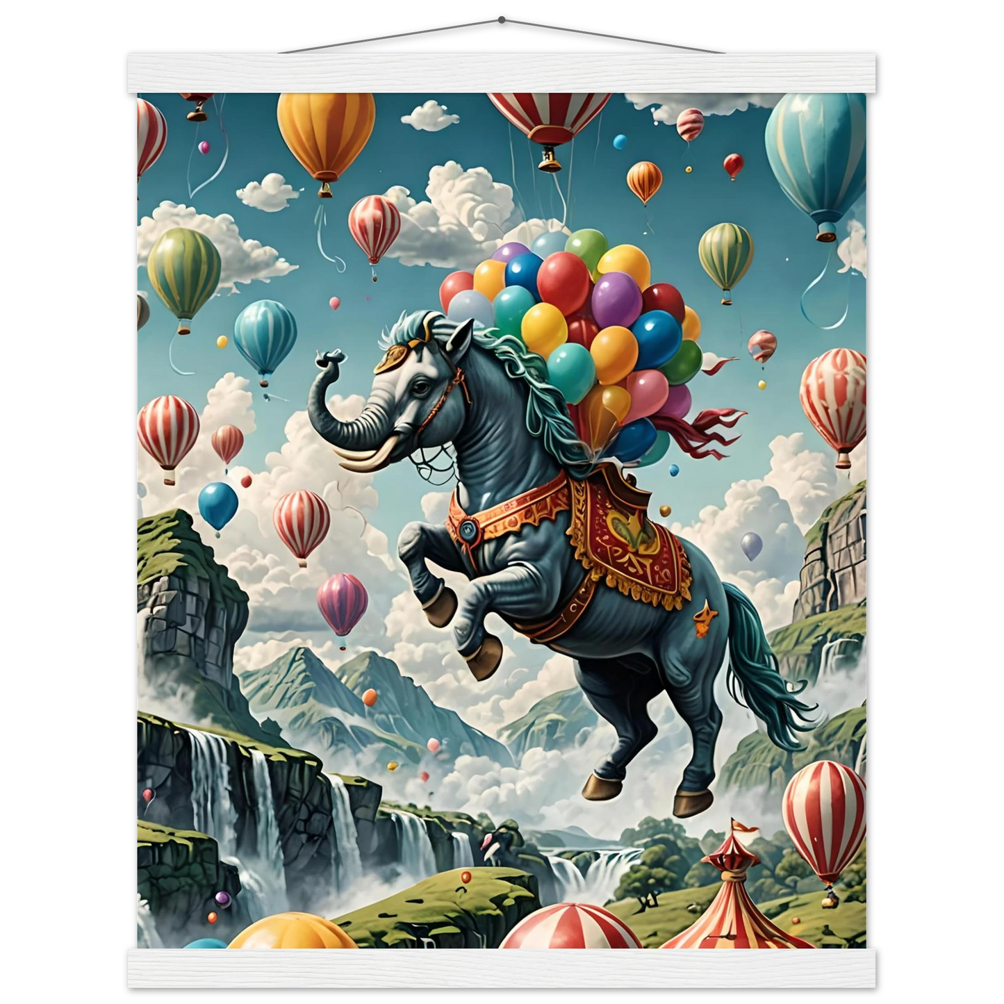 Fantasy horse-elephant hybrid with colorful balloons on Skybound Majesty poster