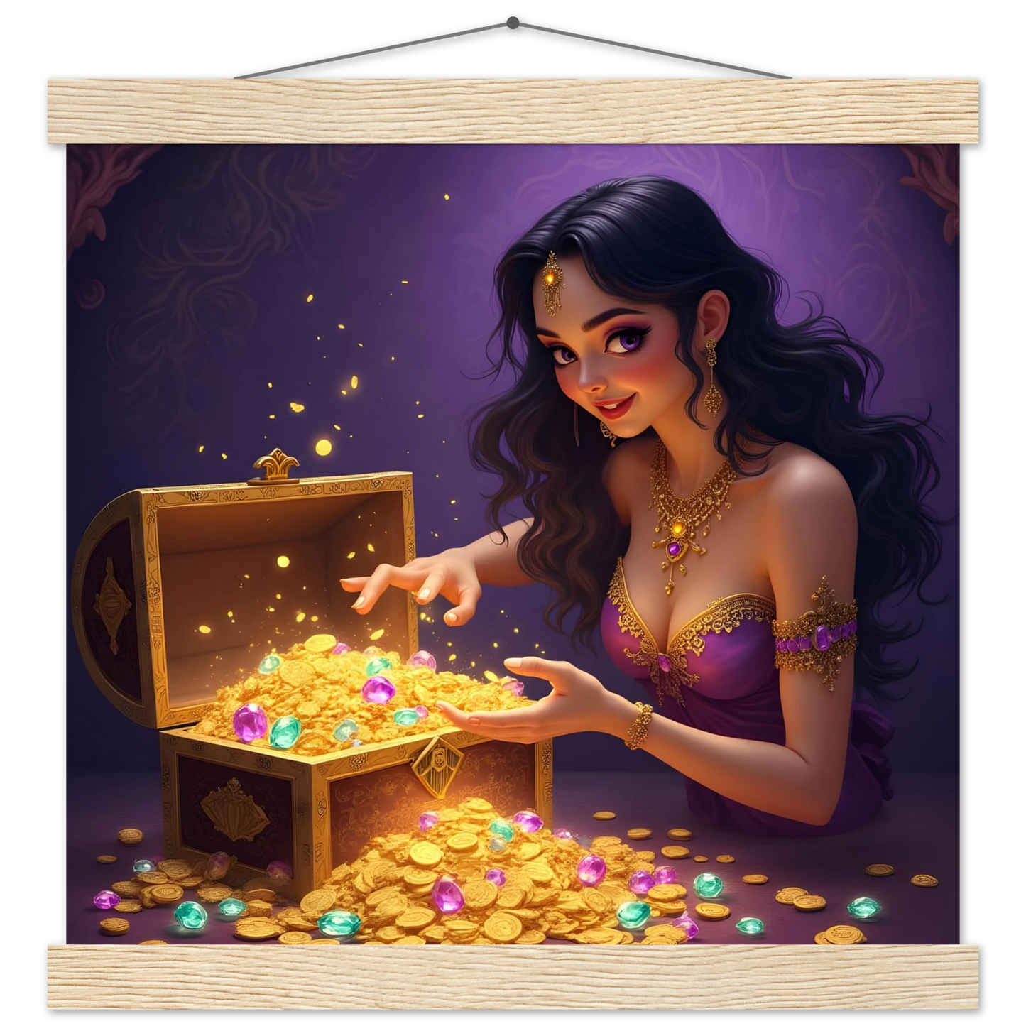 Treasure Seeker Matte Poster with Hanger showcasing overflowing gold coins and gems