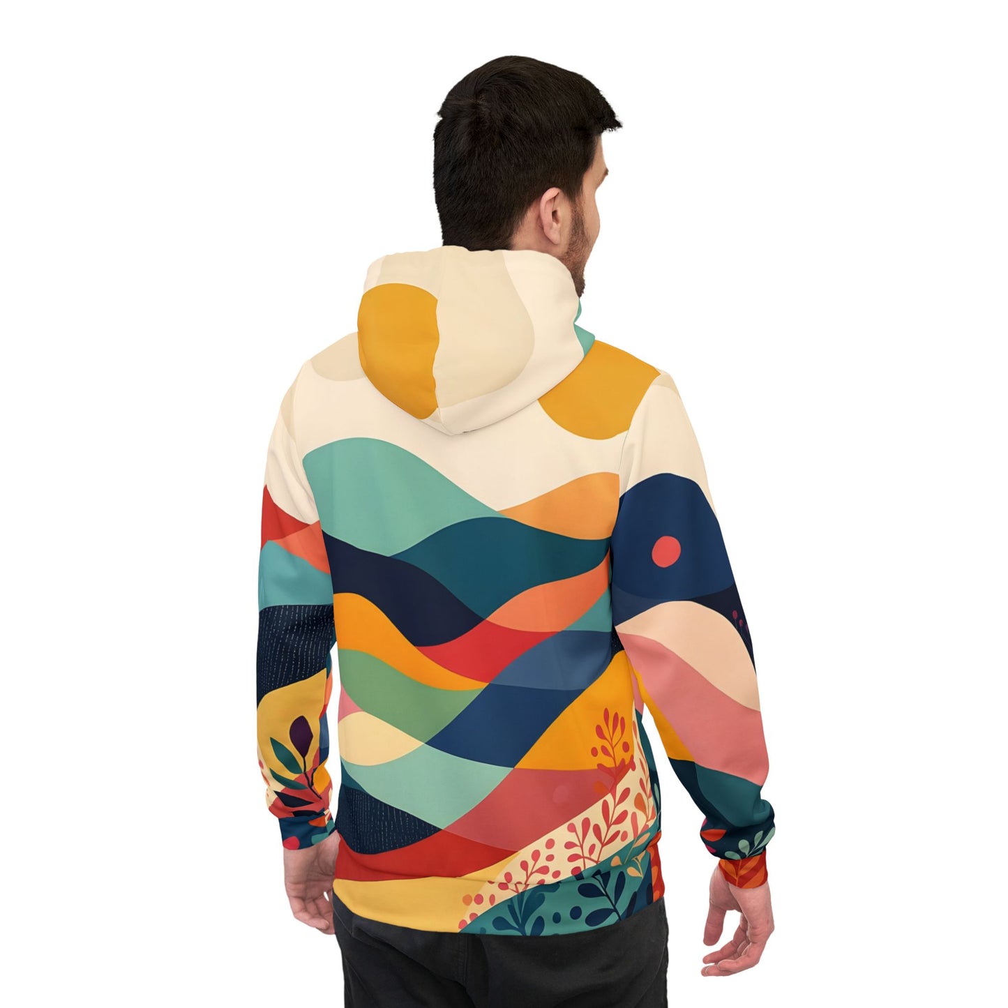 Colorful patterned Sunset Grove AOP Hoodie displaying abstract nature design for urban style