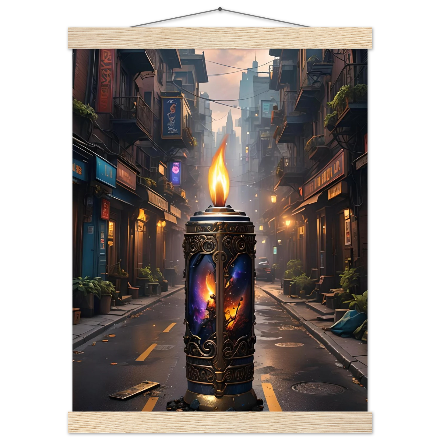 Ornate candle with cosmic interior displayed on Galactic Flame Hanging Matte Poster from PixiOnyx