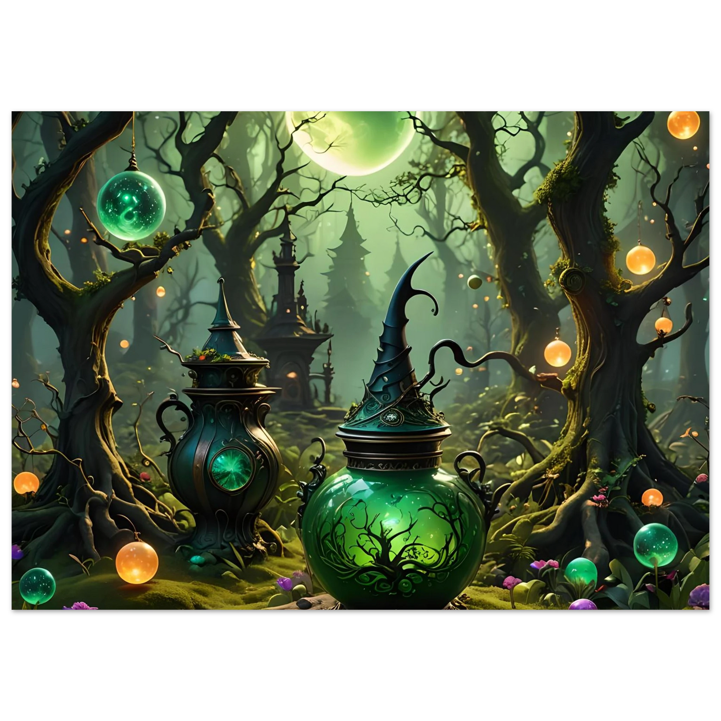 Green witchs potion jar with pointed hat lid from PixiOnyx Witchcraft Forest Fine Art Poster