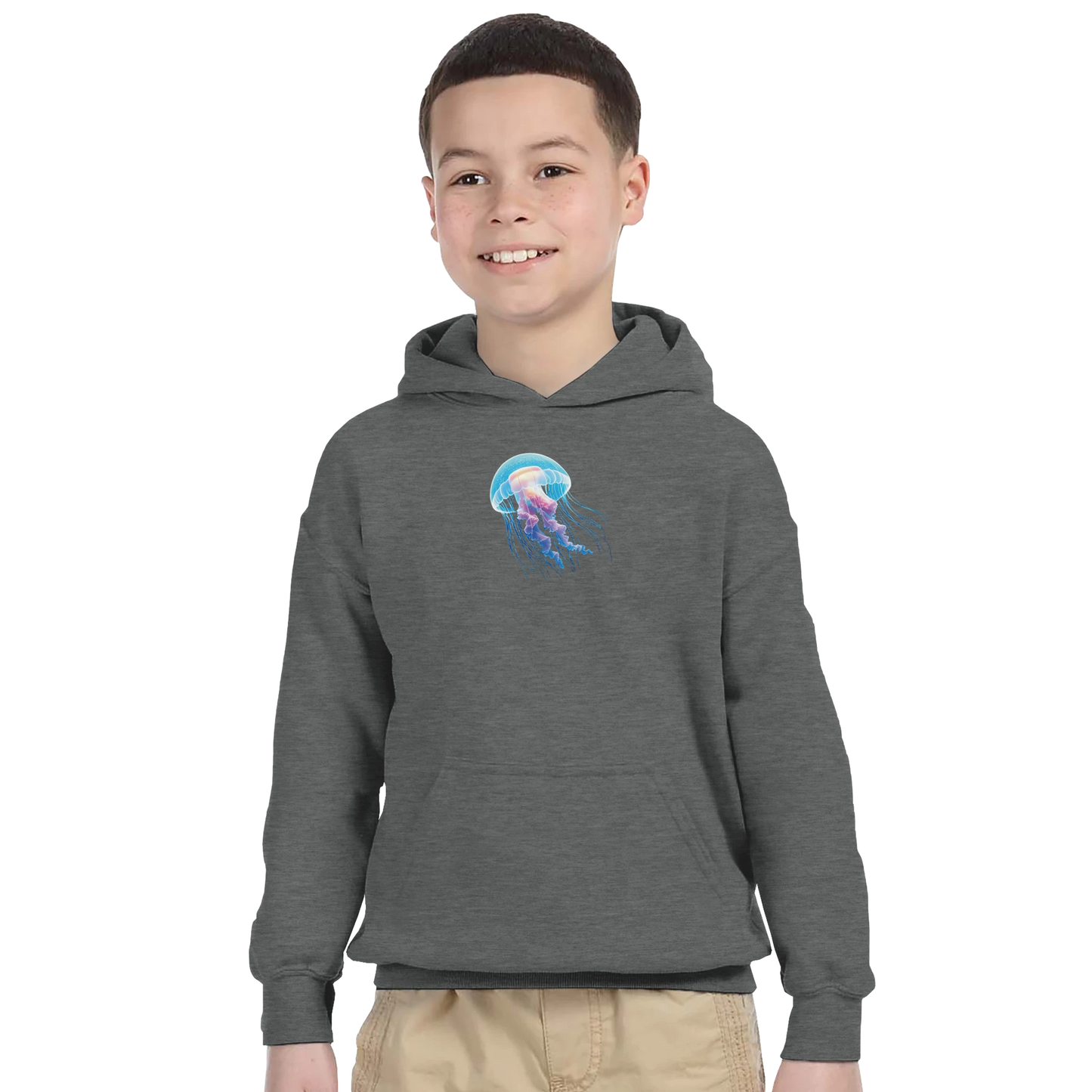 Boy’s gray jellyfish hoodie from Classic Kids Pullover Hoodie Glowing Wanderer collection