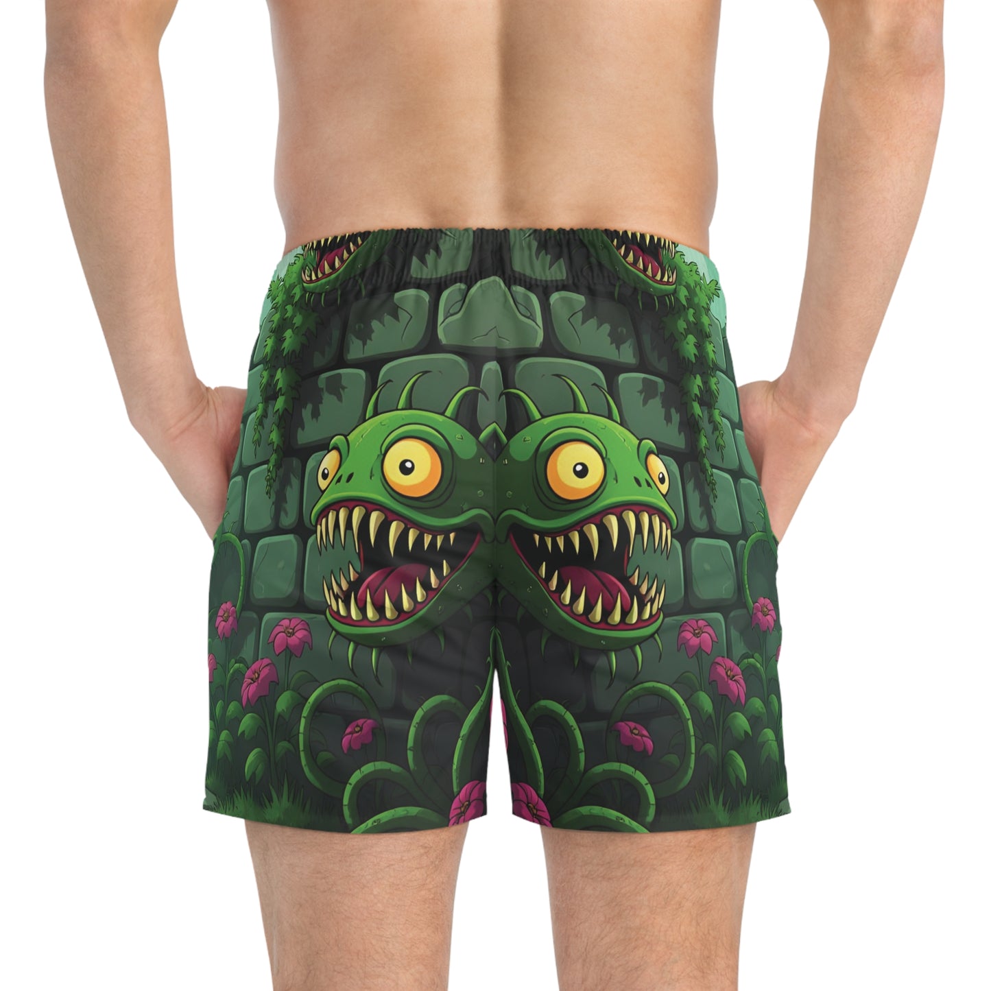 Men’s swim trunks with monster design from Grinvine Grove PixiOnyx Surreal Fantasy Naturewear