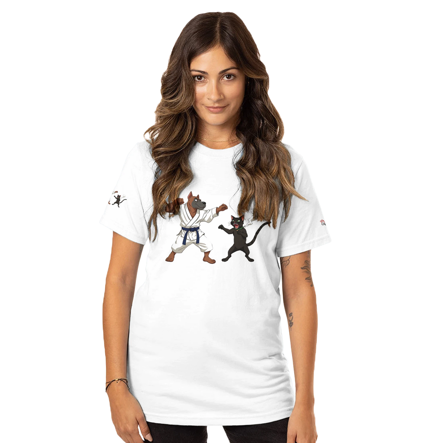 White unisex crewneck T-shirt featuring Karate Dog and Cat design from Paws of Fury