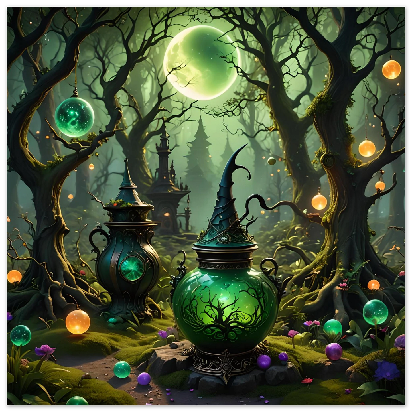 Ornate green potion jar with witch hat lid on Witchcraft Forest Fine Art Poster