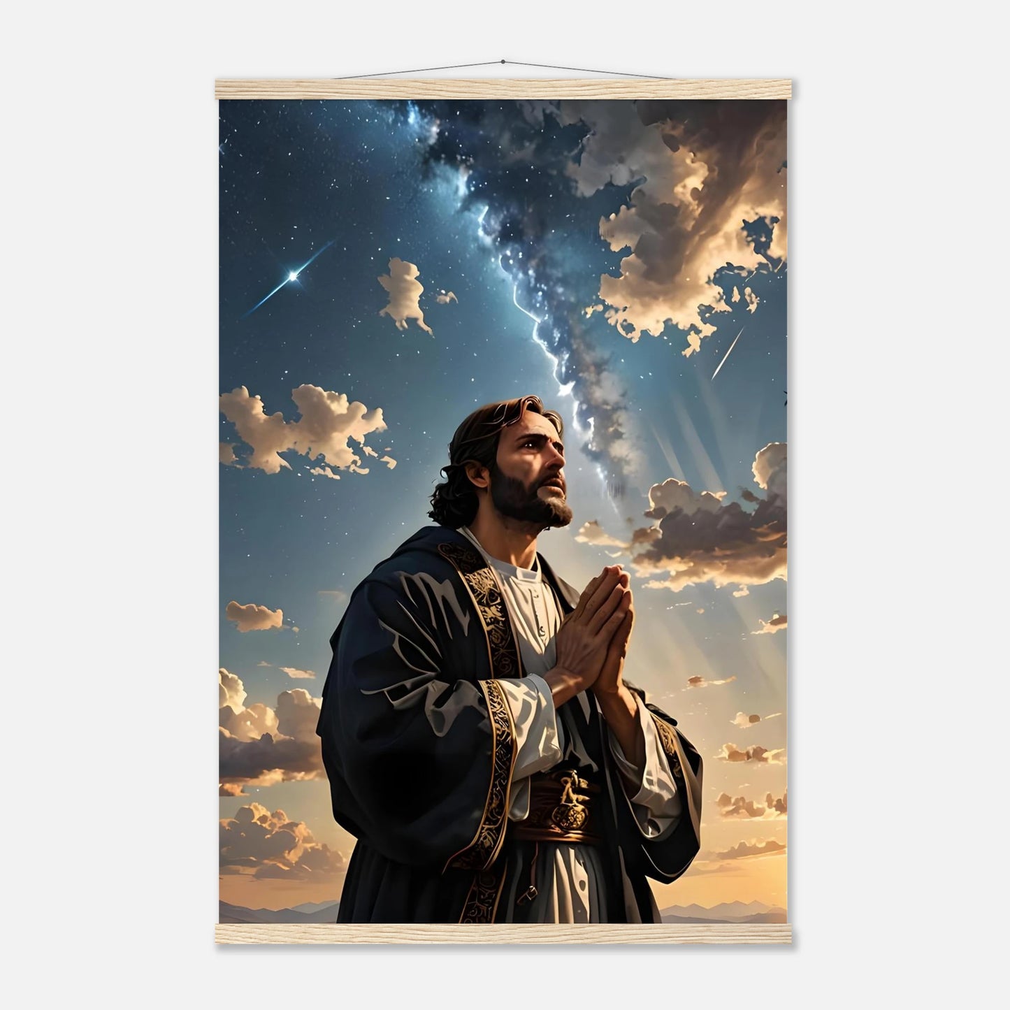 Religious wall hanging poster with hanger featuring Prayer to the Cosmos by PixiOnyx