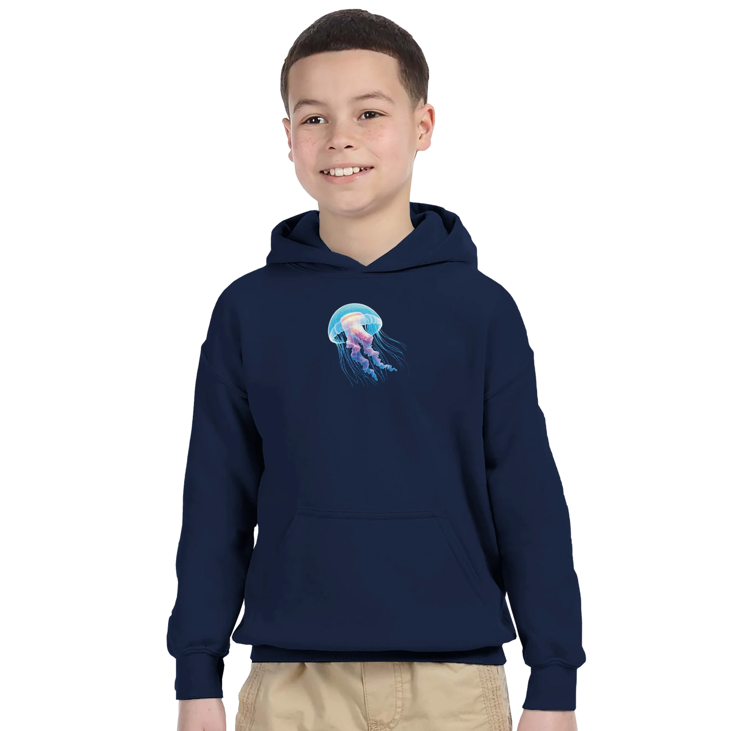 Navy blue kids hoodie with jellyfish design from PixiOnyx Ocean Reverie collection
