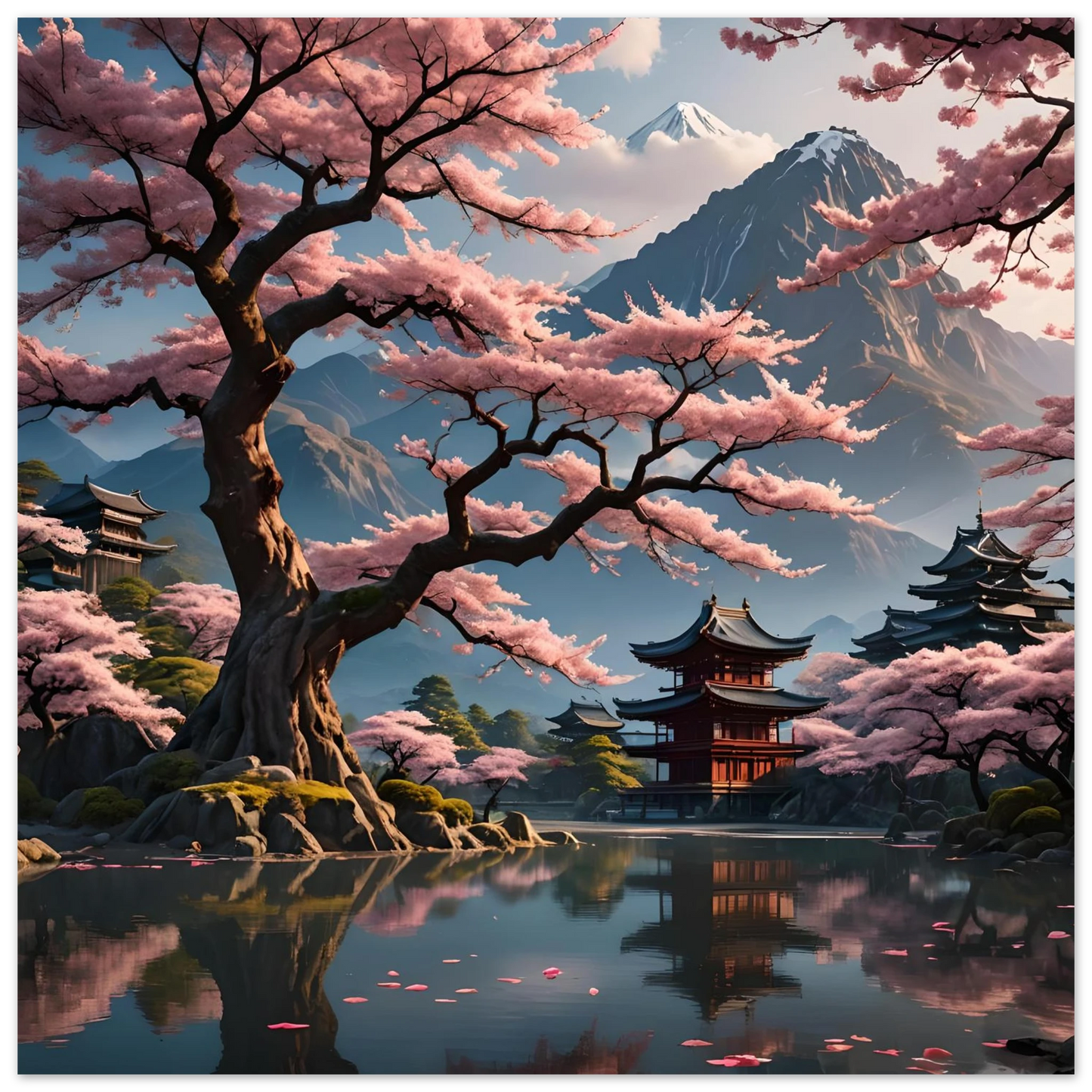 Japanese cherry blossom landscape artwork for Temple Blossom Serenity Fine Art Poster