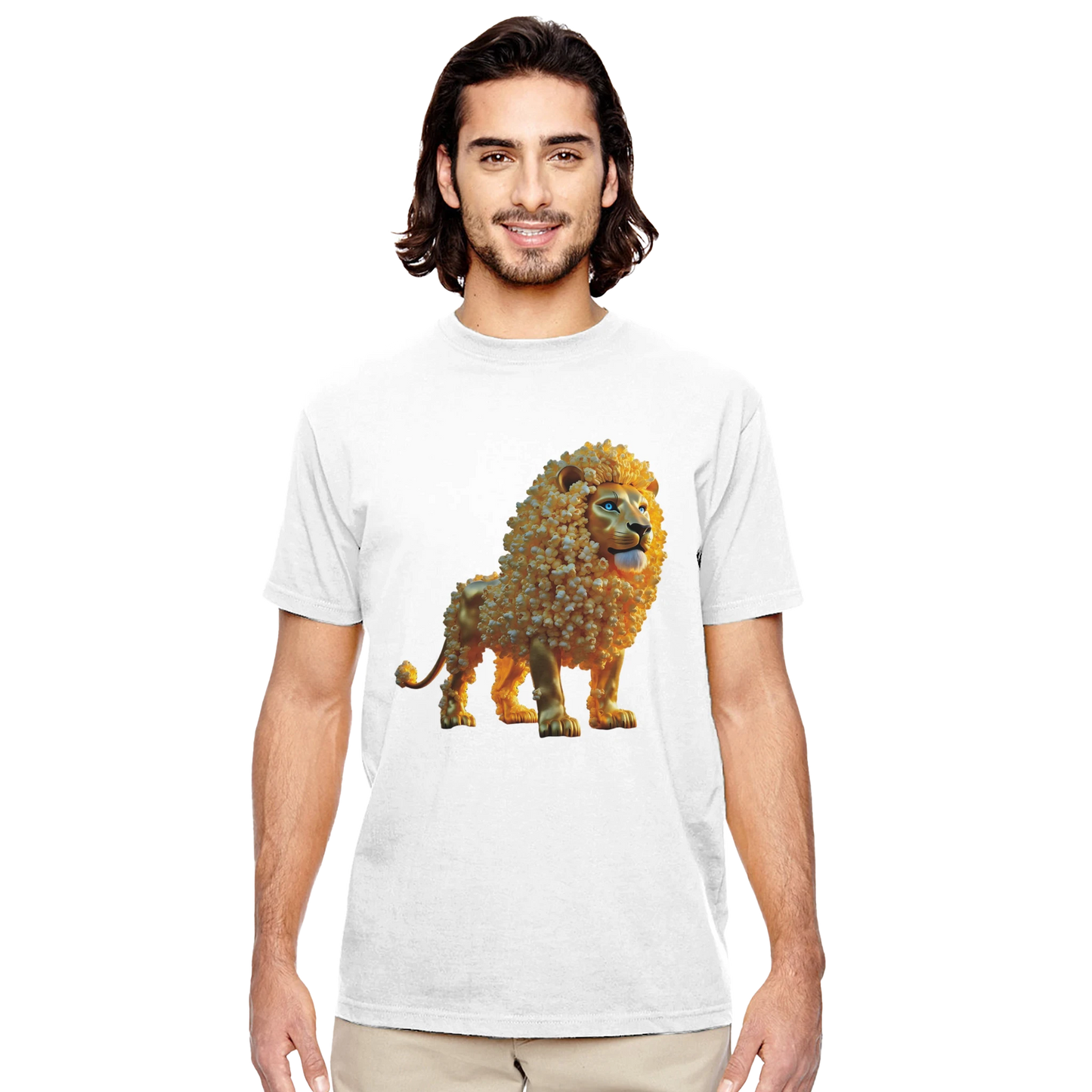 White organic unisex crewneck T-shirt with lion graphic from PixiOnyx Whimsical Wilderness