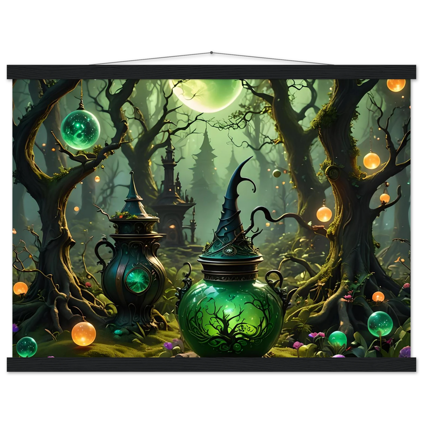 Enchanted green potion bottles on Witchcraft Forest Hanging Poster Matte Fantasy Art