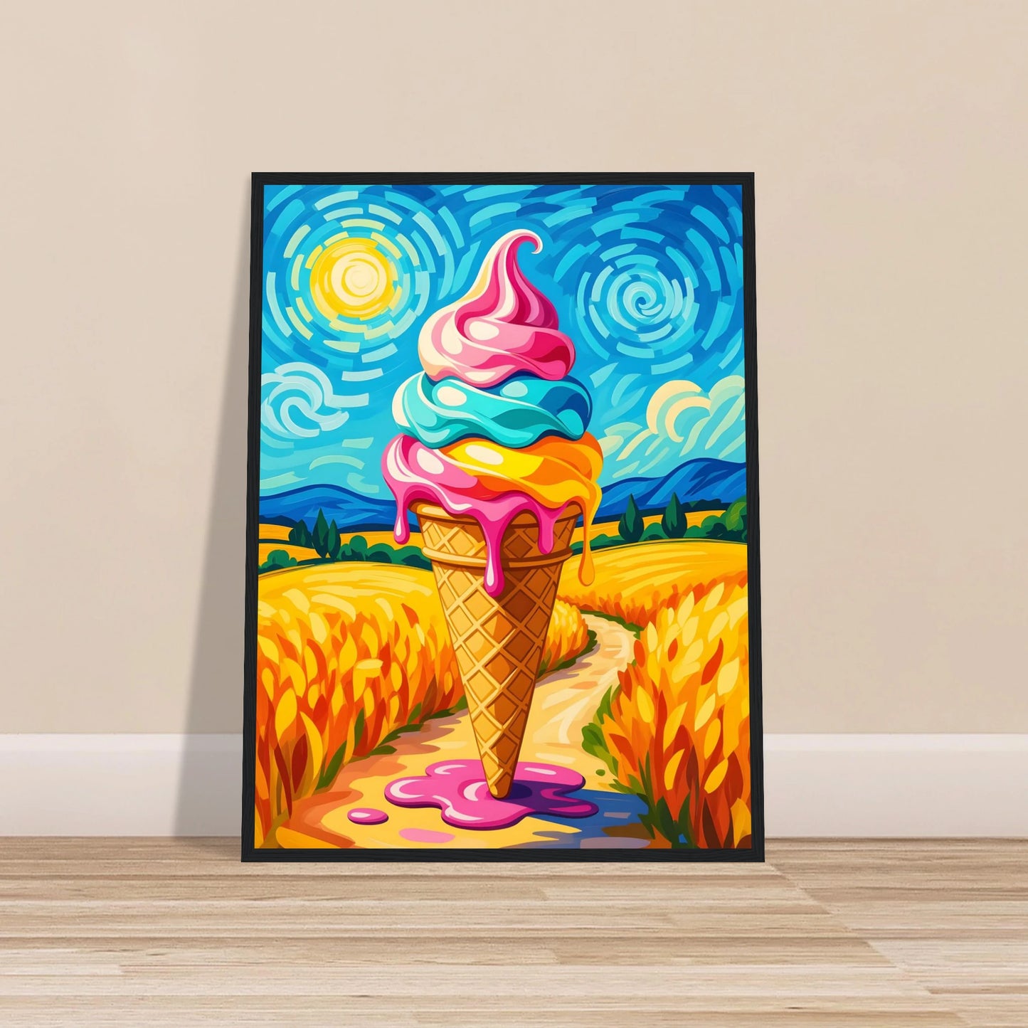 Framed ice cream cone painting displayed in Premium Wooden Framed Poster Sunlit Swirl of Pastoral Chaos